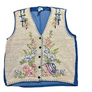 Vintage Embroidered Floral Sweater Vest Sz L Folk Art Cottagecore Artsy Boho